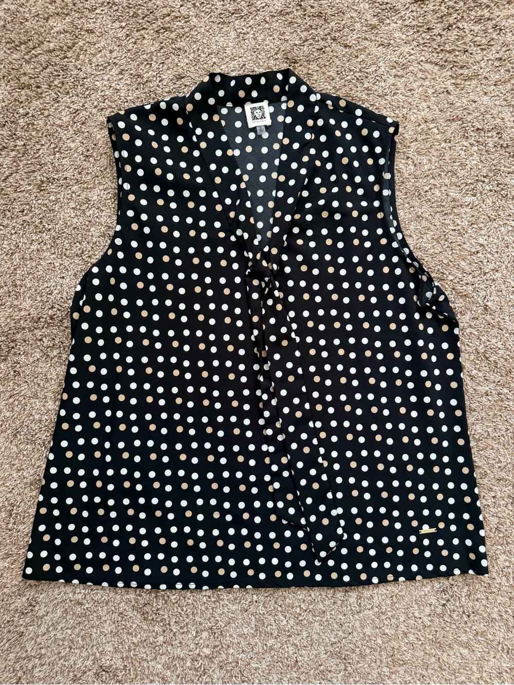 Anne Klein Black Sleeveless Polka Dot Tie-Neck Blouse
